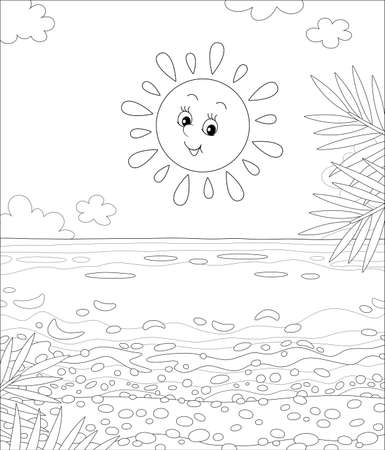 Friendly smiling sun shining a sandy beach with palm branches on a beautiful island in a tropical sea on a summer day, black and white cartoon illustration for a coloring book pageのイラスト素材