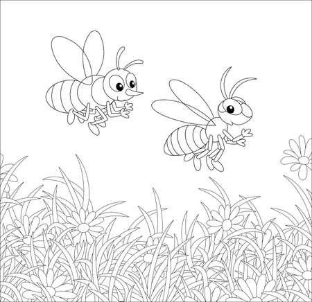 Striped bee and wasp buzzing and flying over a field with flowering chamomiles on a warm summer day, black and white vector cartoon illustration for a coloring book pageのイラスト素材
