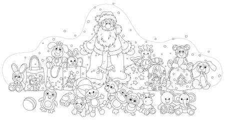 Santa Claus with his magic gift bag, wonderful toys and presents on the snowy night before Christmas, black and white outline vector cartoon illustration for a coloring book pageのイラスト素材