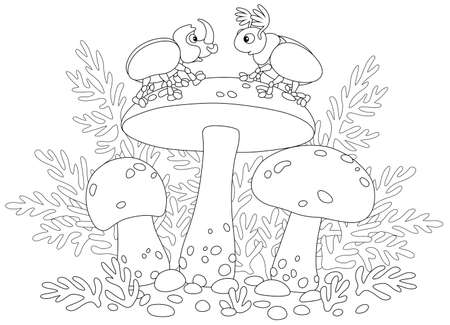 Funny beetles on wild edible mushrooms with big caps hiding among grass in a forest, black and white outline vector cartoon illustration for a coloring book pageのイラスト素材