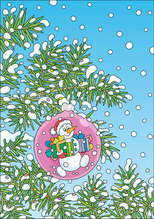 Christmas tree ball with a friendly smiling snowman and color boxes of holiday gifts on a snow-covered branch of a green fir on a snowy winter day, vector cartoon illustrationのイラスト素材