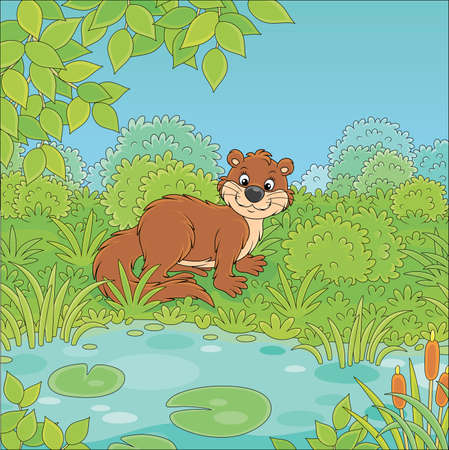 Brown river otter in grass by a small blue lake in a wild green forest on a summer day, vector cartoon illustrationのイラスト素材
