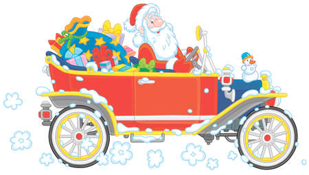 Santa Claus driving his old car with Christmas gifts for children, vector cartoon illustration on a white backgroundのイラスト素材