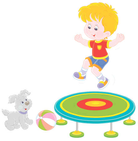 Cheerful little boy jumping on a toy trampoline on a playground, a small cute pup looking at him, vector cartoon illustration isolated on a white backgroundのイラスト素材