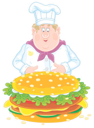 Smiling fat cook in a white chef hat, with a freshly grilled, big and tasty hamburger with cheese, a cutlet and greens, vector cartoon illustration isolated on a white backgroundのイラスト素材