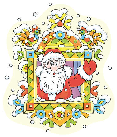 Santa Claus friendly smiling and waving his hand in greeting at a colorfully decorated window of a snowy old wooden house from a fairytale, vector cartoon illustration on whiteのイラスト素材