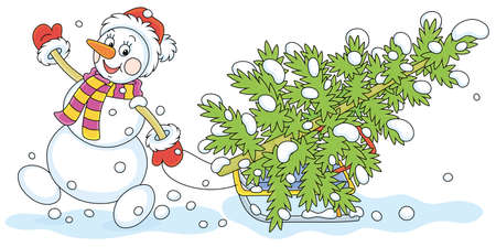 Friendly smiling snowman with a red hat, a warm scarf and mittens carrying a prickly green fir on a sledge from a snowy winter forest to decorate it for Christmas and New Yearのイラスト素材