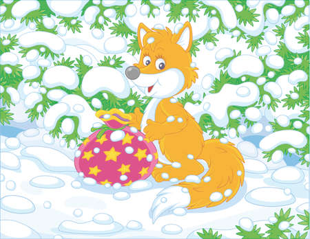 Smiling red fox with a colorful bag of holiday gifts under snow-covered fir branches in a snowy winter forest, vector cartoon illustrationのイラスト素材