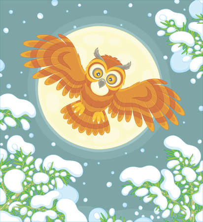 Brown striped owl with big round eyes flying in the moonlit winter sky over a snowy northern fir forest, vector cartoon illustrationのイラスト素材