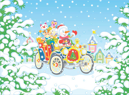 Funny snowman driving a colorful retro car with holiday gifts for little kids on a snowy winter day in a pretty fir park of a small snow-covered town, vector cartoon illustrationのイラスト素材