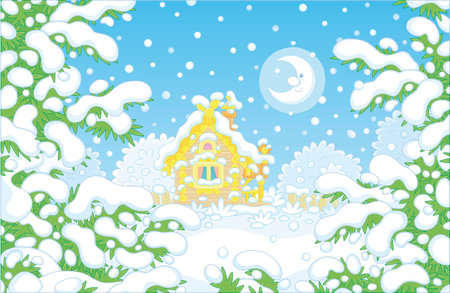 Smiling moon and a decorated small wooden house on a pretty snow-covered forest glade on a snowy and frosty winter night, vector cartoon illustrationのイラスト素材