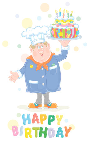 Greeting birthday card with a happy fat confectioner holding a round dish with a freshly baked fancy sweet cake decorated with multi colored candles and colorful stars, vector cartoon illustrationのイラスト素材