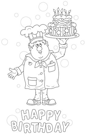 Greeting birthday card with a happy fat confectioner holding a round dish with a freshly baked fancy sweet cake decorated with candles and stars, black and white outline vector cartoon illustrationのイラスト素材
