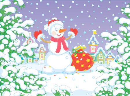 Friendly smiling funny snowman with a red hat, a scarf and mittens brought a big bag of magic New Year gifts for little kids on a snowy winter day, vector cartoon illustrationのイラスト素材