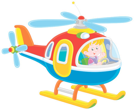 Happy little boy playing and piloting a big and colorful toy helicopter on a playground, vector cartoon illustration on a white backgroundのイラスト素材