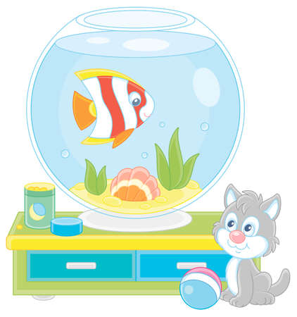 Cute gray kitten watching a funny striped butterfly fish swimming in a home round home aquarium with a sea shell and seaweeds, vector cartoon illustration isolated on a white backgroundのイラスト素材