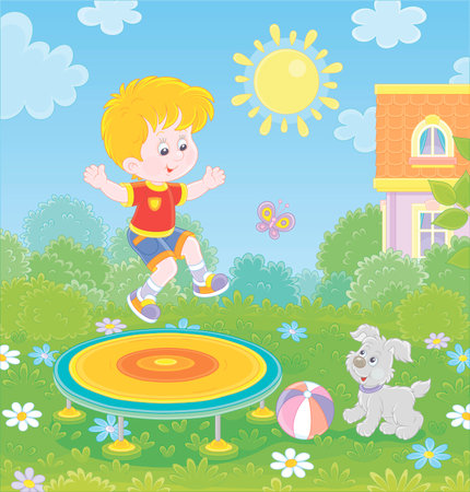 Happy little boy playing with his small pup and jumping on a toy trampoline on a green front lawn on a sunny summer day, vector cartoon illustrationのイラスト素材