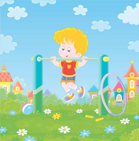 Cheerful little boy in light and colorful sport clothes pulling himself up on a sport horizontal bar on a green playground in a summer park of a pretty small town, vector cartoon illustrationのイラスト素材