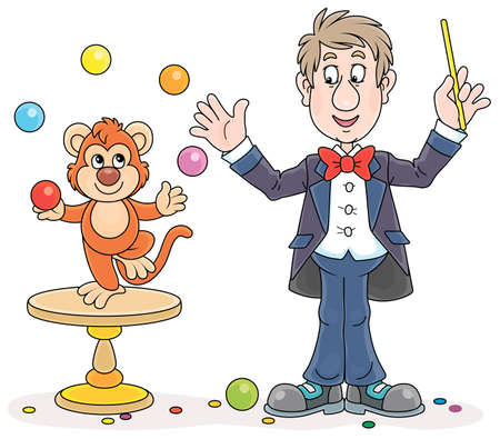Funny circus animal trainer with his small monkey juggling with color balls, vector cartoon illustration on a white backgroundのイラスト素材