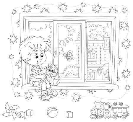Little boy playing with his cute small kitten on a windowsill in a nursery room with starry wallpaper and funny toys on a sunny summer day, black and white vector cartoon illustrationのイラスト素材