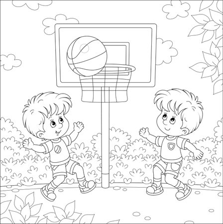 Cheerful little kids playing basketball with a big ball on a sports ground in a park on summer vacations, black and white vector cartoon illustration for a coloring book pageのイラスト素材