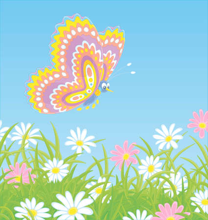 Colorful and bright butterfly flying over beautiful wildflowers on a green summer field, vector cartoon illustrationのイラスト素材