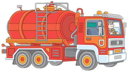 Red toy gasoline auto tanker with a funny driver in service uniform, vector cartoon illustration isolated on a white backgroundのイラスト素材