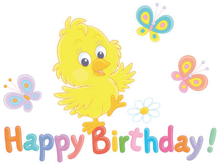 Birthday card with a happy little yellow chick dancing with colorful butterflies, vector cartoon illustration isolated on a white backgroundのイラスト素材