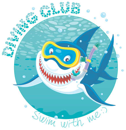 T-shirt design of a diving club with a funny great white shark swimming with a mask and a snorkel in blue water of a tropical sea, vector cartoon illustration isolated on a white backgroundのイラスト素材