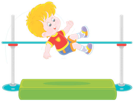 Cheerful little boy in high jump in midair over a bar at a competition on a sports ground, vector cartoon illustration isolated on a white backgroundのイラスト素材