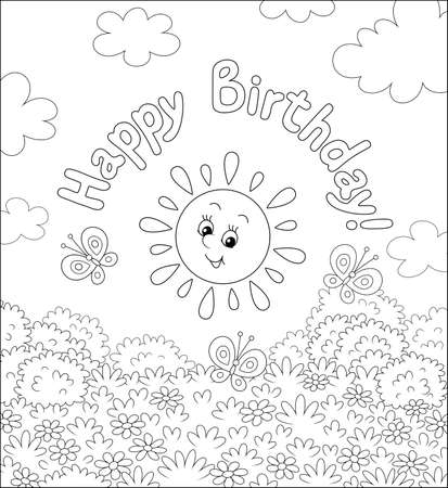 Birthday card with a friendly smiling sun and merry butterflies flittering over a pretty lawn with flowers on a beautiful summer day, black and white outline vector cartoon illustrationのイラスト素材