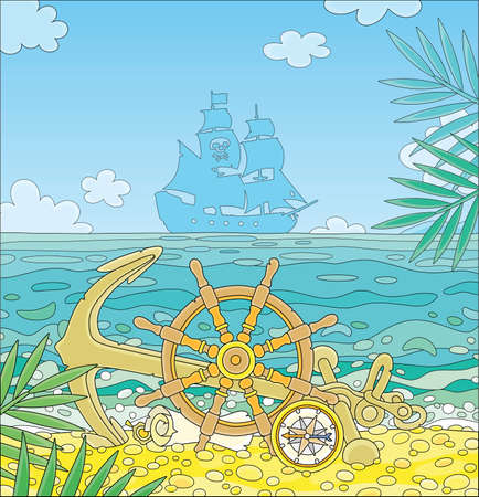 Pirate ship helm, an anchor, a compass and an old map of hidden treasures of filibusters on a sandy beach of a desert island in a tropical sea, vector cartoon illustrationのイラスト素材
