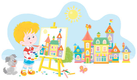 Little boy with his cheerful pup drawing in watercolors and color pencils a pretty small town on a sunny summer day, vector cartoon illustration isolated on a white backgroundのイラスト素材