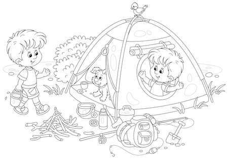 Cheerful little boys tourists with a merry pup in their forest camp by a small lake on summer vacation, black and white outline vector cartoon illustration for a coloring book pageのイラスト素材
