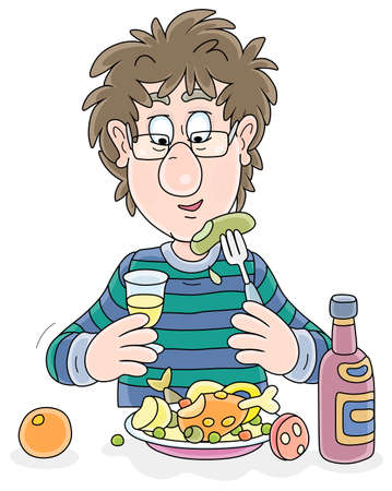 Funny young man with disheveled hair, drinking a glass of wine and having dinner, vector cartoon illustration on a white backgroundのイラスト素材
