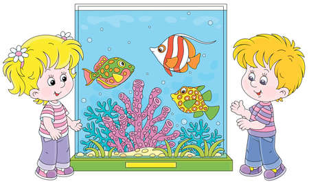 Happy little kids walking around a zoological garden and watching funny tropical fishes swimming in a large colorful aquarium with amazing corals, vector cartoon illustrationのイラスト素材