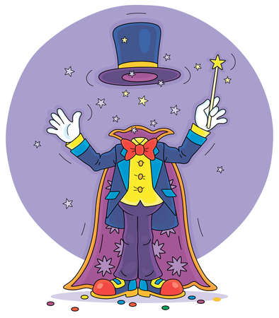 Artful circus magician illusionist with his magic wand, cloak and hat, conjuring trick of mysterious disappearance in an amusing entertaining show on a stage, vector cartoon illustrationのイラスト素材