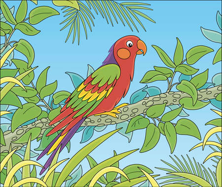 Exotic colorful parrot with a long tail and brightly colored plumage, perched on a green tree branch in a tropical jungle, vector cartoon illustrationのイラスト素材