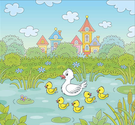 Cute white duck and a merry brood of yellow little ducklings on a pretty pond near a small colorful village on a warm summer day, vector cartoon illustrationのイラスト素材