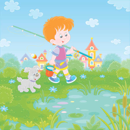Cheerful little boy fisherman going angling with his fishing rod and a bucket, together with a merry small pup, on summer vacation, vector cartoon illustrationのイラスト素材
