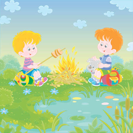 Little boy-scouts with a small pup in a forest camp, friendly smiling, talking and roasting bread on campfire, on summer vacation, vector cartoon illustrationのイラスト素材