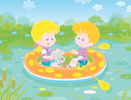 Happy little girl and boy with their merry pup riding an inflatable boat on a small lake in a pretty countryside on summer vacation, vector cartoon illustrationのイラスト素材