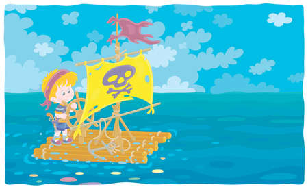 Happy little boy playing pirate on a raft with a sail with Jolly Roger and a steering wheel on an exciting adventure journey on summer vacation, vector cartoon illustrationのイラスト素材