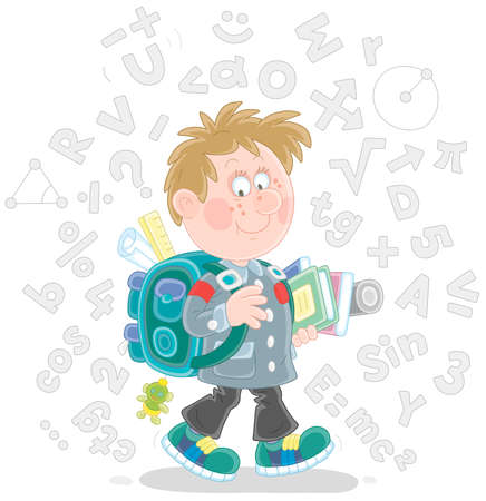 Cheerful schoolboy with his schoolbag and textbooks surrounded by formulas and symbols, vector cartoon illustration isolated on a white backgroundのイラスト素材