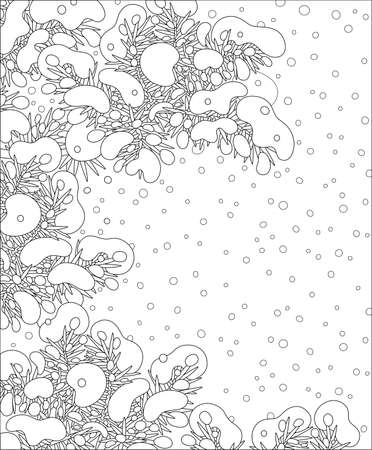 Snow-covered fir-tree branches on a snowy and frosty winter day, black and white vector cartoon illustrationのイラスト素材