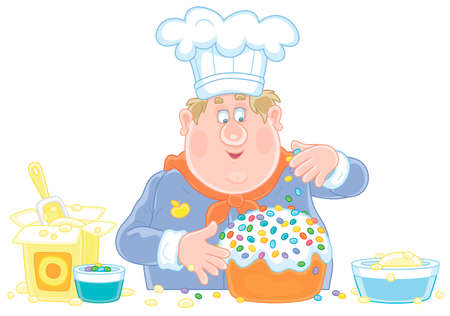 Funny fat cook confectioner standing at his kitchen work table and decorating a fancy cake for a festive dinner, vector cartoon illustration isolated on whiteのイラスト素材