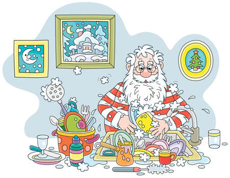 Santa Claus washing dishes, pans, forks and spoons with liquid soap in his kitchen after a fun party on winter vacation, vector cartoon illustration on a white backgroundのイラスト素材