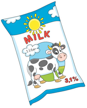 Funny design of a milk package with a happy spotted black and white cow and a bright yellow sun, vector cartoon illustration isolated on a white backgroundのイラスト素材