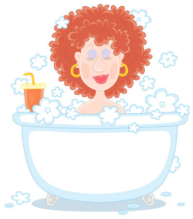 Cute curly young woman with an exotic haircut taking a bubble bath, vector cartoon illustration isolated on a white backgroundのイラスト素材