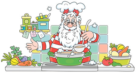 Santa Claus standing at his kitchen stove and cooking a tasty vegetable soup for a holiday supper, vector cartoon illustration isolated on a white backgroundのイラスト素材